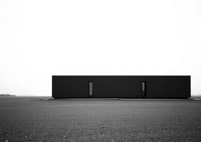 Long dark brick building with narrow vertical windows