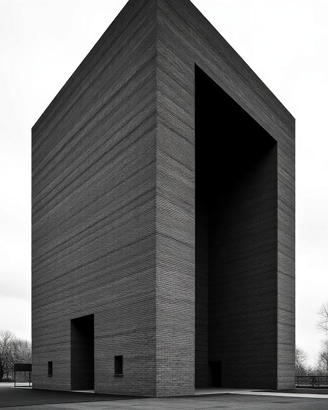 Massive sculptural brick building with small square windows