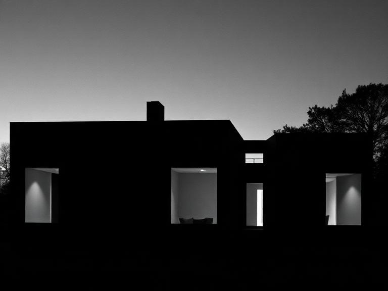 Dark monolithic house with deep window reveals at dusk
