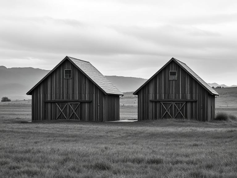 Two barn-like timber houses with pitched roofs in a field