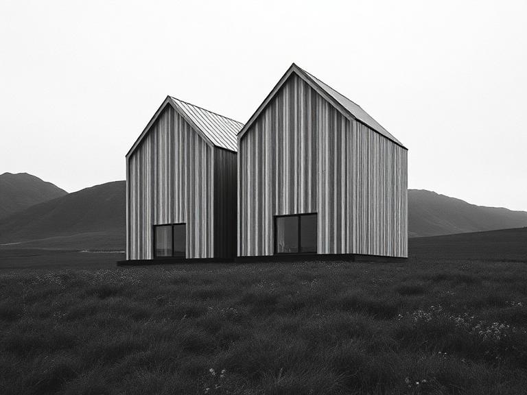 Two gabled timber-clad volumes standing in an open field